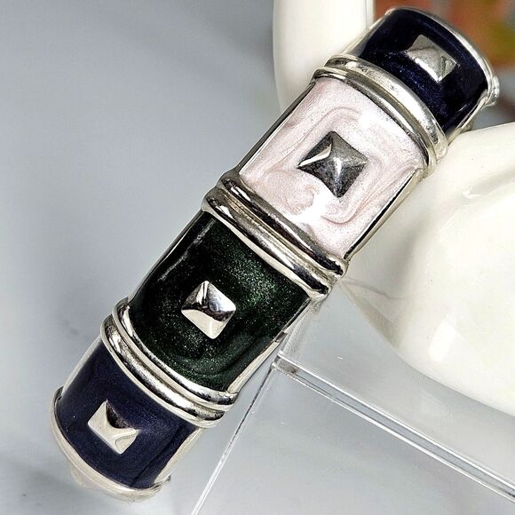 Vtg Geo Glam Enamel Clamper Silver Tone Hinge Bangle Bracelet Green Pink & Blue - Picture 5 of 12